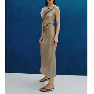 Zara Asymmetric Satin Effect Midi Dress Champagne Gold Size Large Party Prom NWT